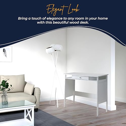 Miniatura 5 de Kings Brand Furniture Hogar y oficina Parsons Escritorio de madera con cajón, color blanco