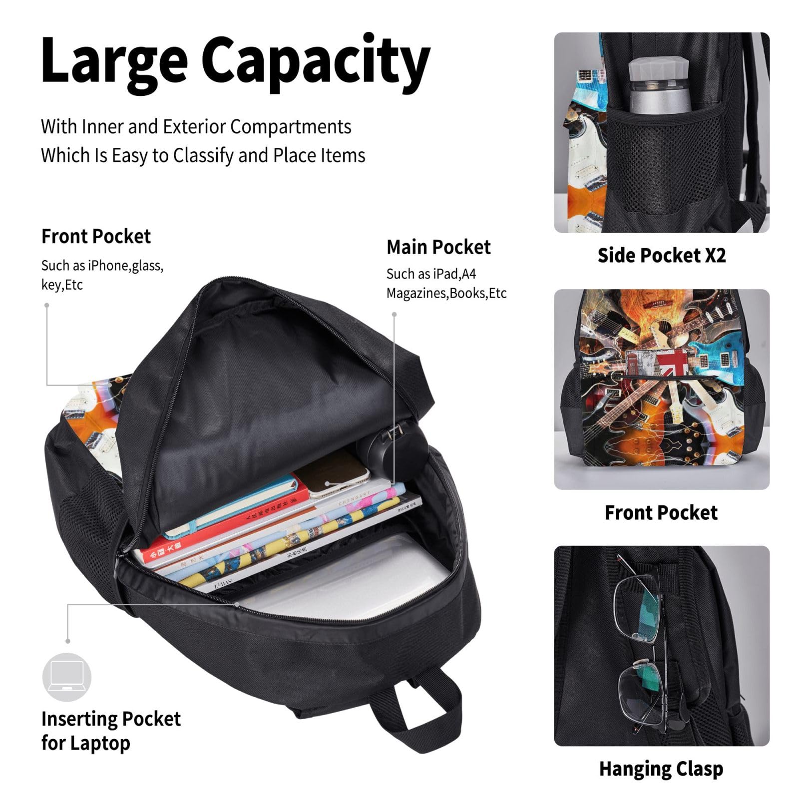 Juego de 3 mochilas escolares con estampado de guitarra musical, mochila para laptop resistente al agua de gran capacidad con bolsa de almuerzo aislada y estuche para lápices para adolescentes