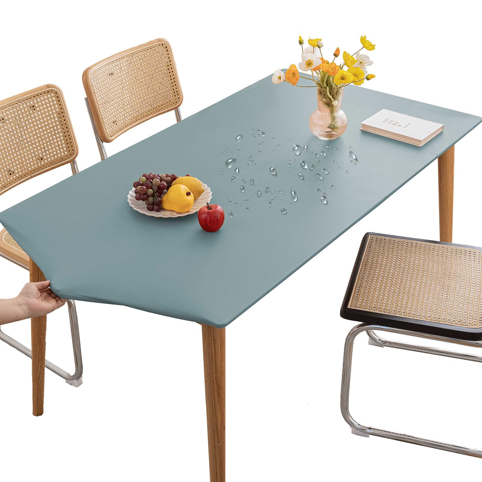 Thdsubb Tablecloth Leather Waterproof Tablecover Elastic Edged Fitted Table Protector Cover Wipeable for Home Picnic Party (Blue,80x120cm)