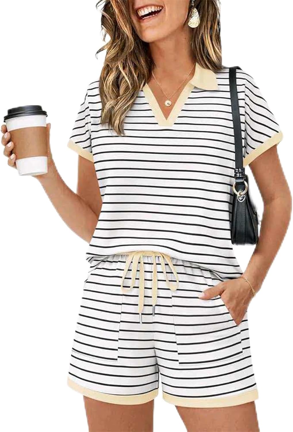 2 Piece Lounge Sets for Women Summer Striped V Neck Shirt Matching Short Sets Casual Vacation Airport Outfits 2026