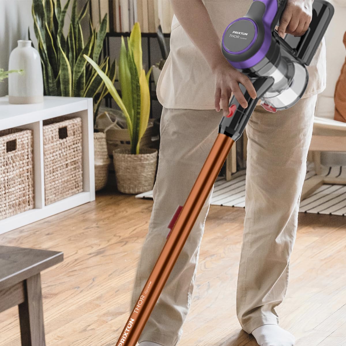 PRIXTON Aspirador Vertical Inalámbrico Thor Cyclone, Filtro HEPA, Potencia 150W Regulable a 2 velocidades, Batería Extraíble de Alta Duración, Accesorios incluidos