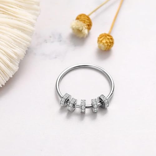 Miniatura 5 de LOVECOM Anillo giratorio de plata de ley 925 con cuentas de circón para aliviar el estrés, anillo giratorio para mujer, anillo giratorio para