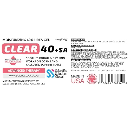 Miniatura 4 de CLEAR 40  SA 40 gel de urea  2 ácido salicílico 8 onzas con árbol de té y aceite de coco aloe vera callos y maíz removedor suaviza los talones