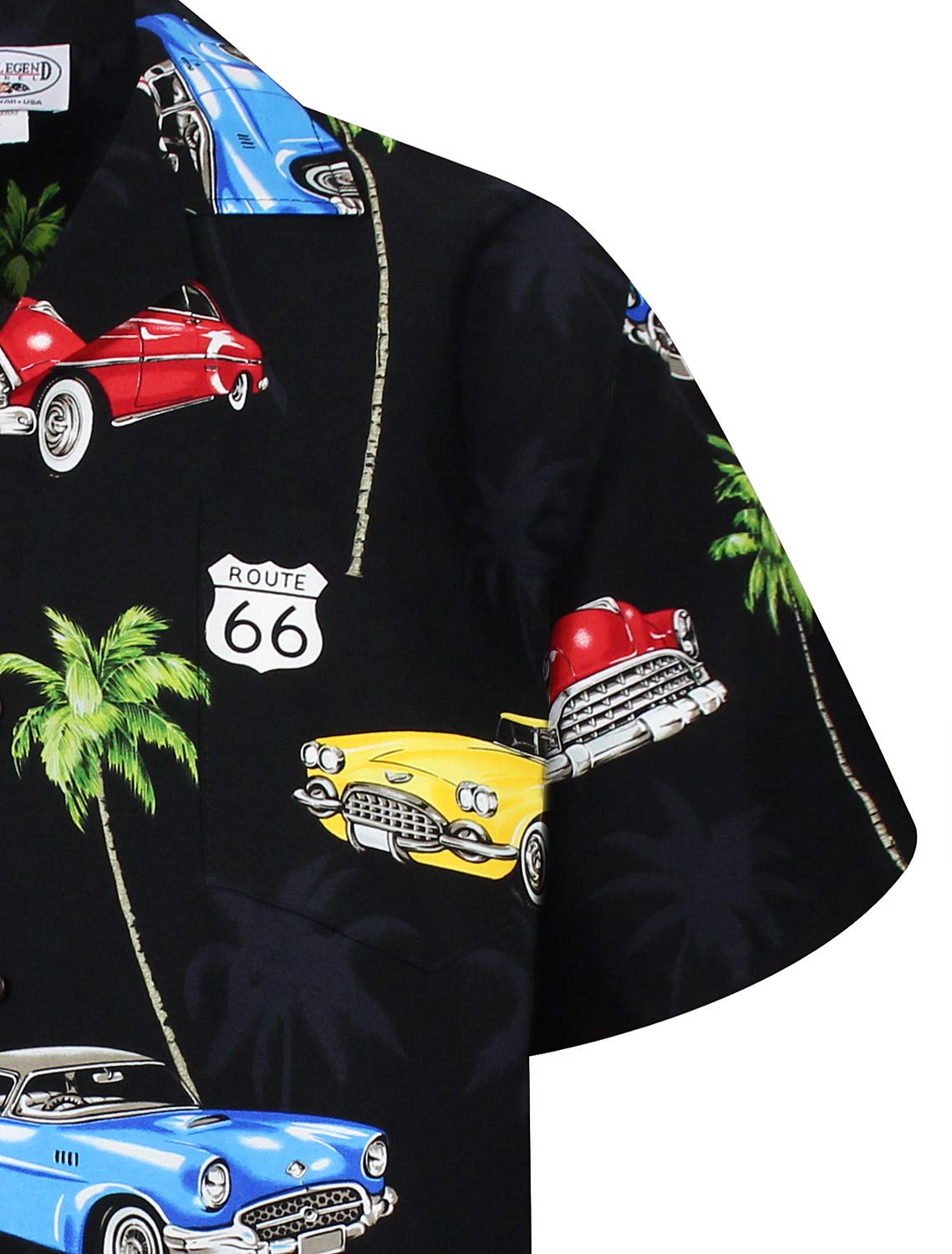 P.L.A. Pacific Legend | Original Hawaiihemd | Herren | S - 4XL | Kurzarm | Front-Tasche | Hawaii-Print | Route 66 Auto Palmen | Schwarz
