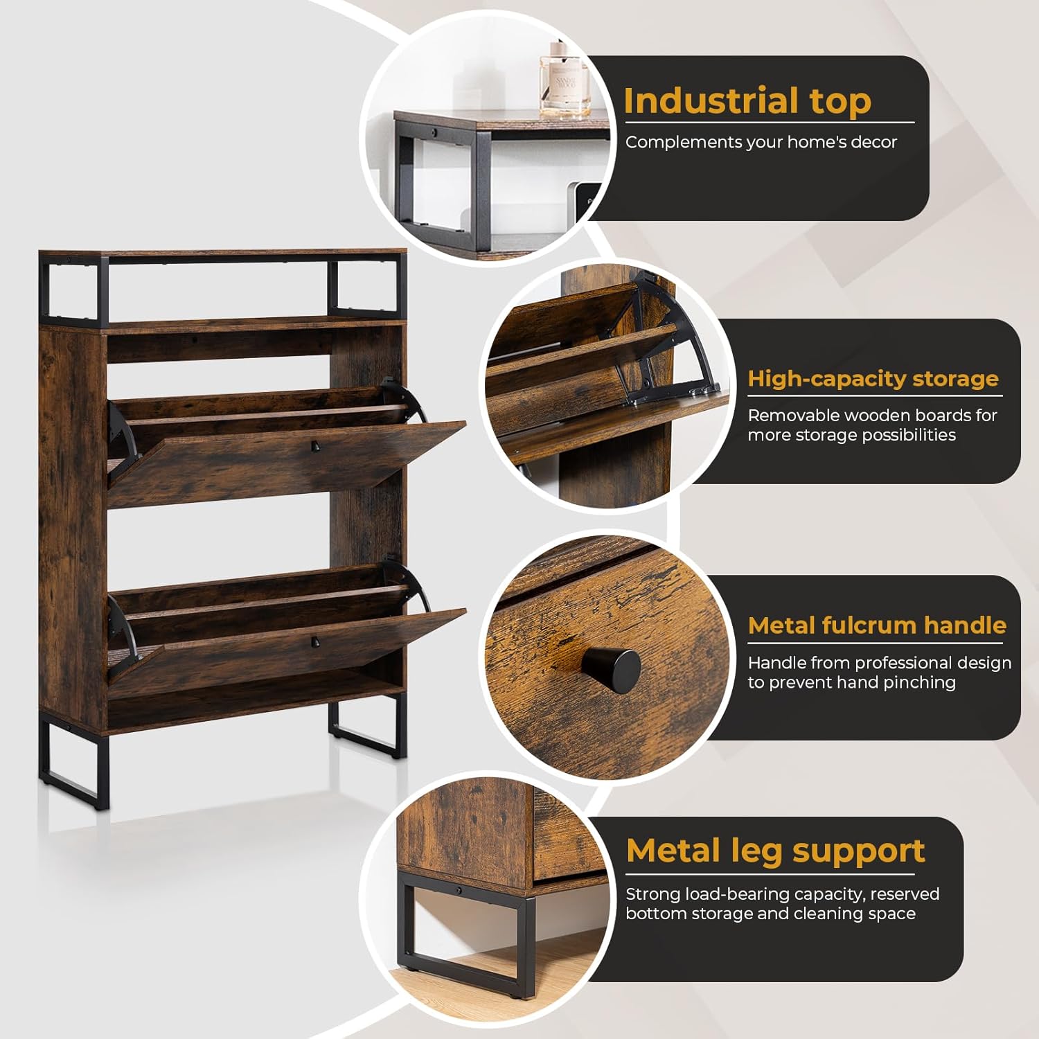 HOMMPA Shoe Storage Cabinet with 2 Flip Drawers, Freestanding Shoe Organizer with Metal Legs for Entryway, Narrow Shoe Rack Cabinet, Rustic Brown