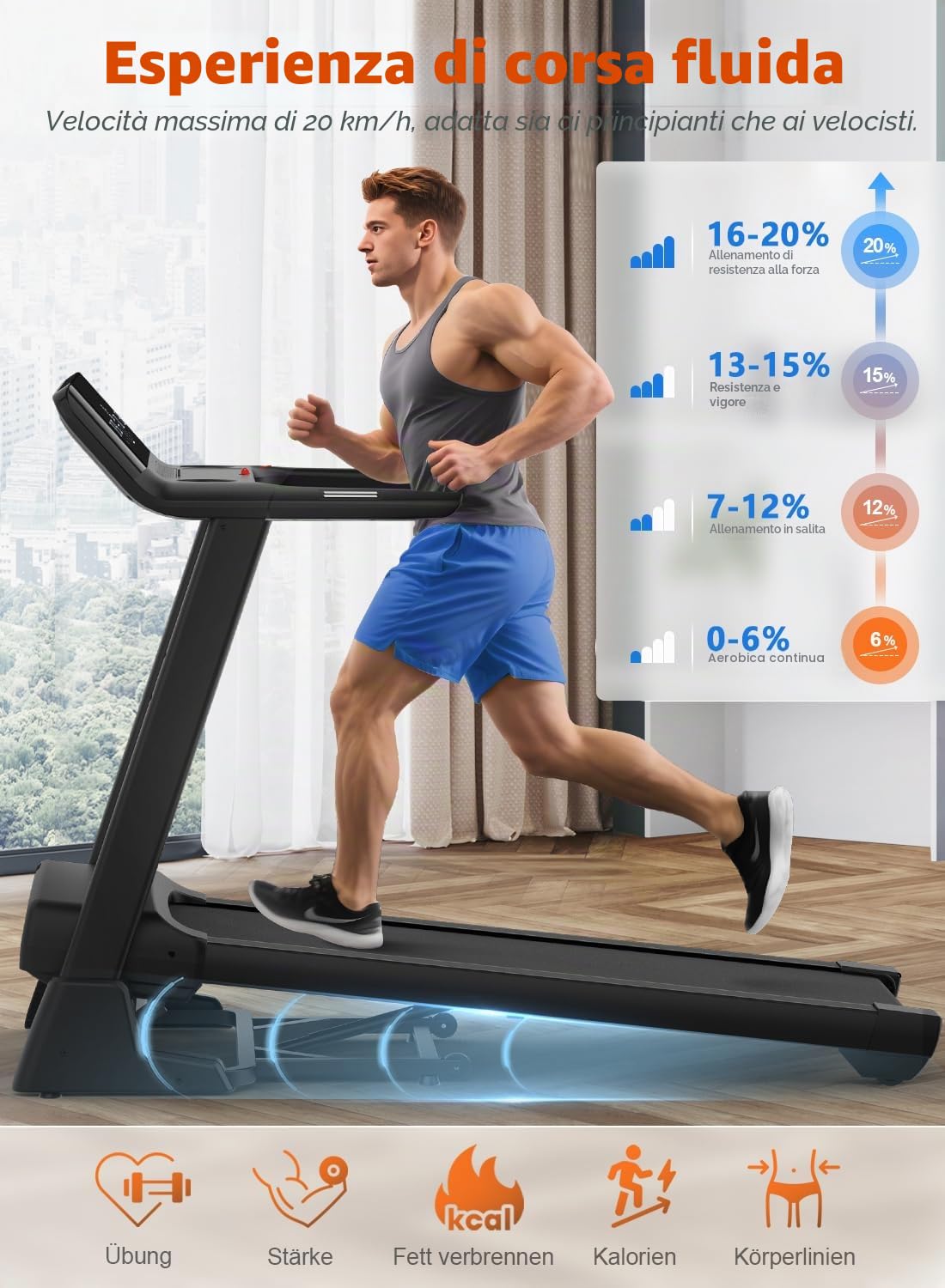 Tapis Roulant, Tapis Roulant Pieghevole da 7HP con Livelli di Inclinazione del 20%, 1km/h- 20km/h, Capacità di peso 200KG, Ampio Display LCD e Sensore di Pulsazioni, Macchina da Corsa Compatibi
