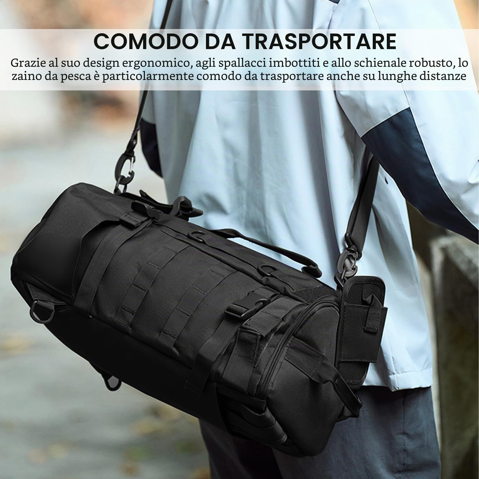 Zaino da pesca con supporto canna: 45 x 16 x 23 cm, impermeabile, per esterni, porta canna, nero, multifunzionale, militare, campeggio, sport all'aria aperta