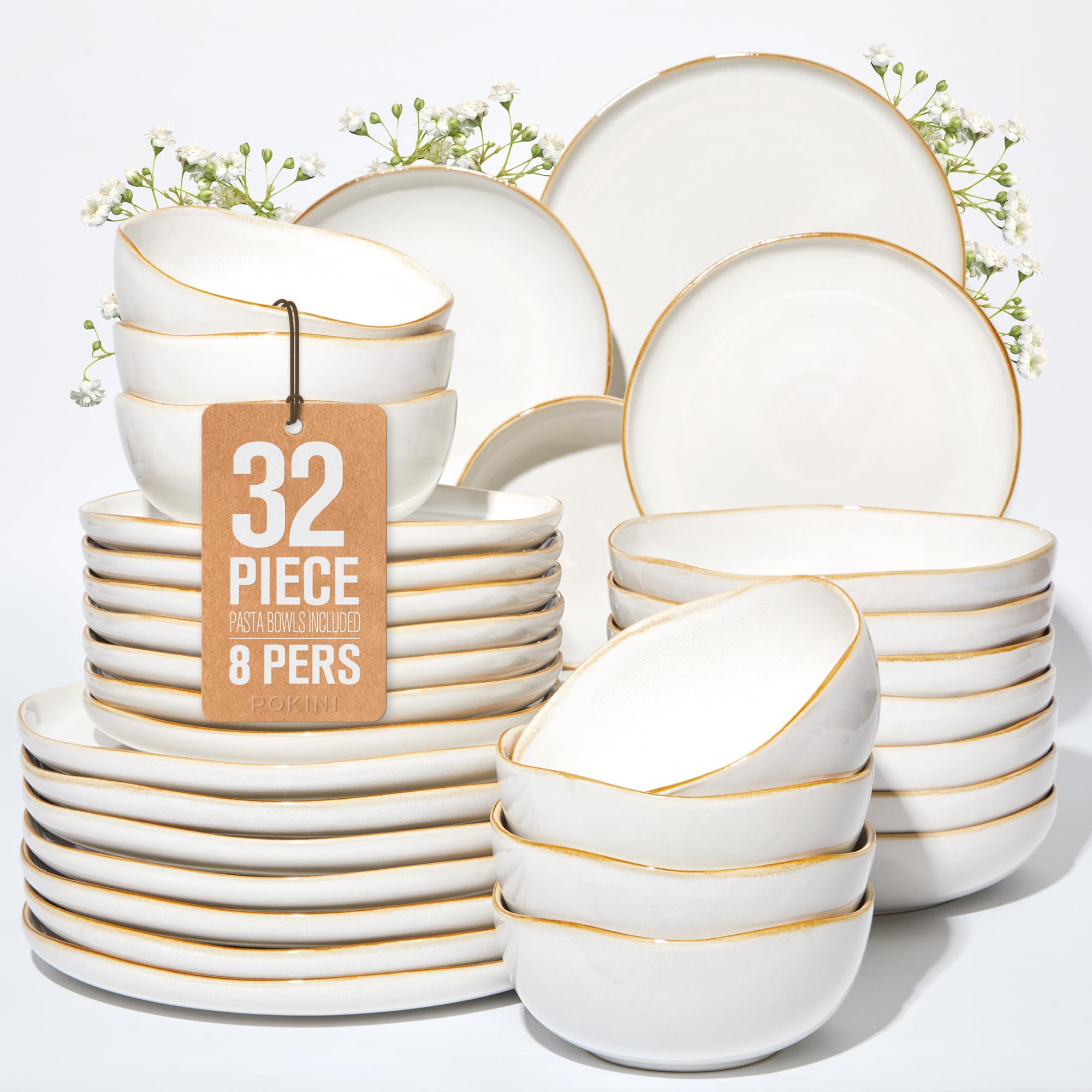 Pokini 32-Piece White Stoneware Set