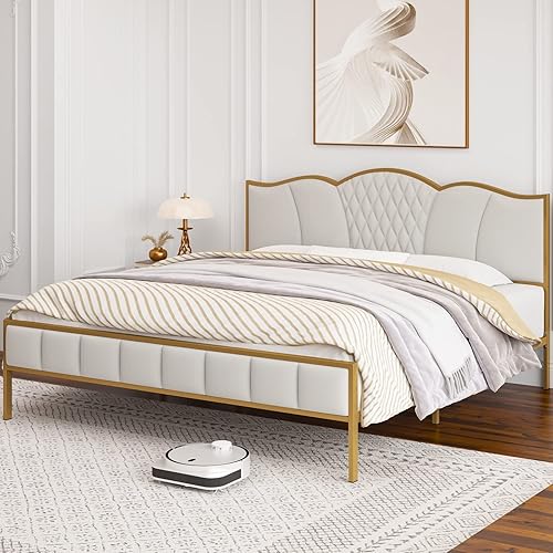 Miniatura 3 de HITHOS Marco de cama tamaño King moderno marco de cama tapizado con cabecera capitoné plataforma resistente con soporte de listones de madera sin