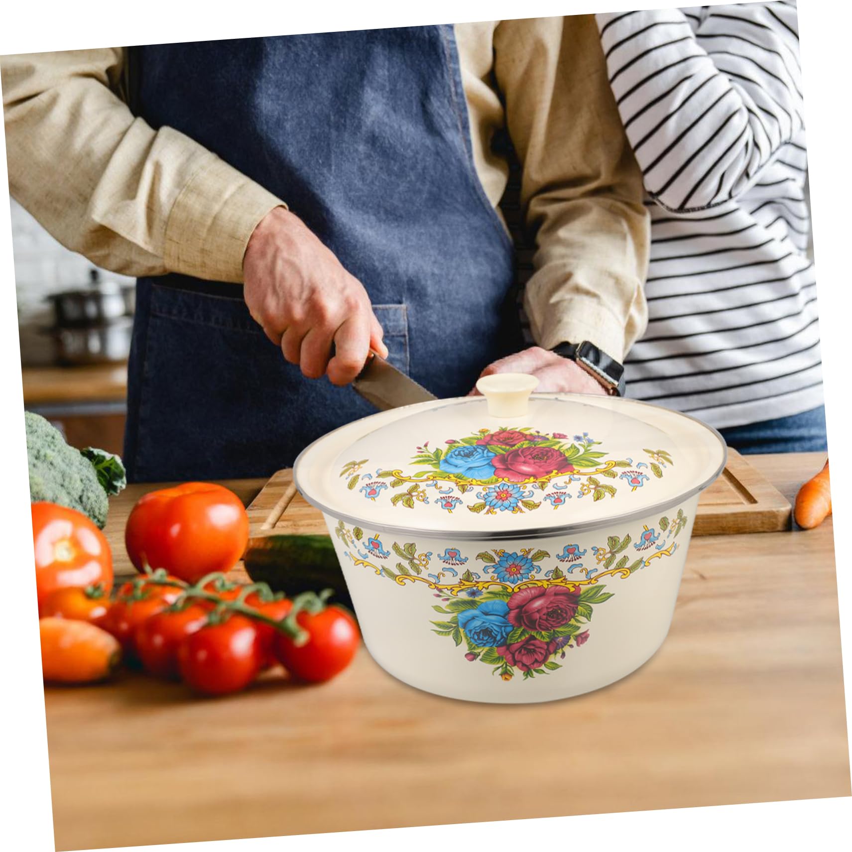 Angoily Groß Email Bowl Emailware Suppenschüssel: Emaille Mischschüssel mit Deckel e Dekorative Camping Lebensmittelzubereitung Öl Lagerung CAN 26 Cm