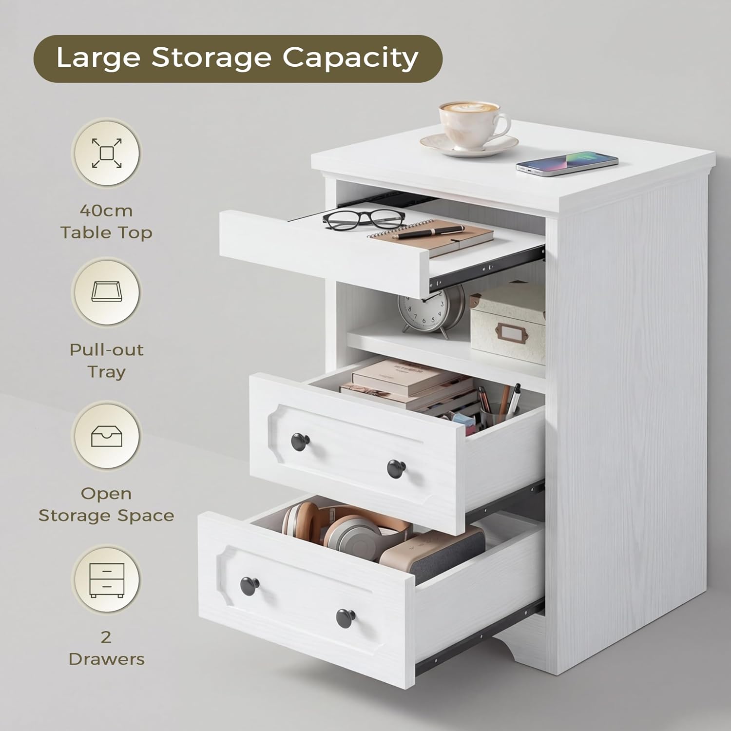 LIKIMIO Nightstand Set of 2, Night Stand with Pull Out Tray, Wooden Bedside Table with 2 Drawers and Open Shelf, Side Table for Bedroom, White