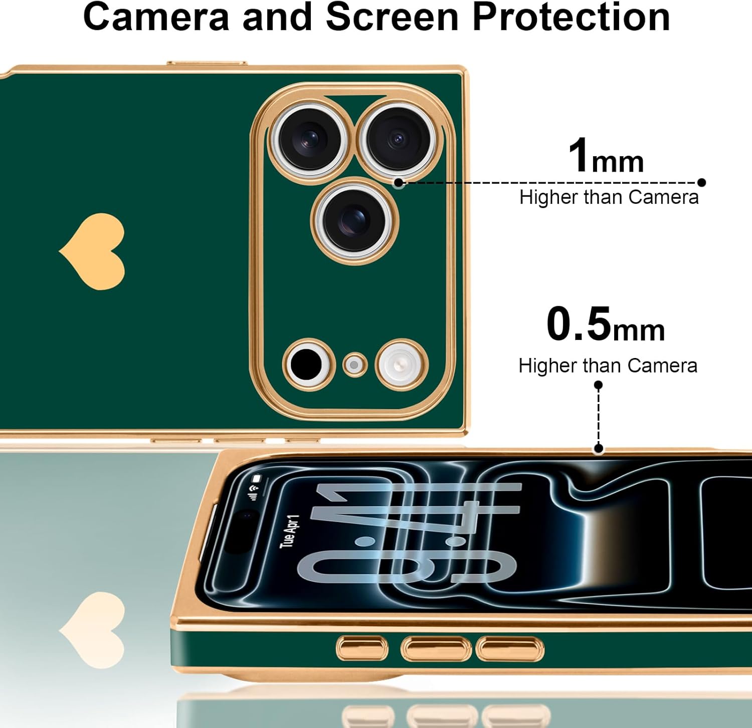 for iPhone 17 Pro Case Rectangle for Women Girls Cute Love Heart Pattern Luxury Plating Gold Shockproof Raised Full Camera Lens Protection Cover Phone Case for iPhone 17 Pro, Green - Image 5