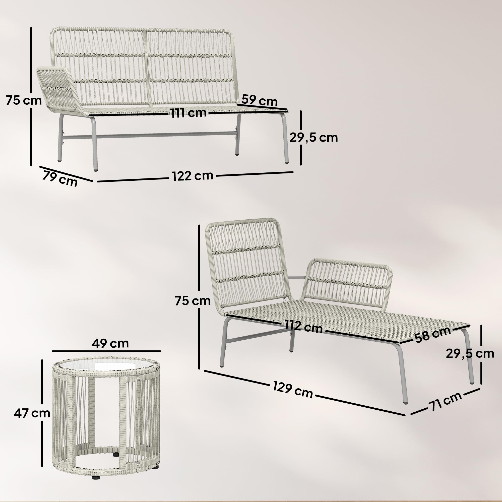 Outsunny Polyrattan Gartenmöbel Set 3-teilig, Lounge Set mit Chaiselongue Zweisitzersofa Glastisch abnehmbar Kissen, Rattan Sitzgruppe bis 3 Personen, Lounge Möbel für Garten Terrasse Balkon Hellgrau