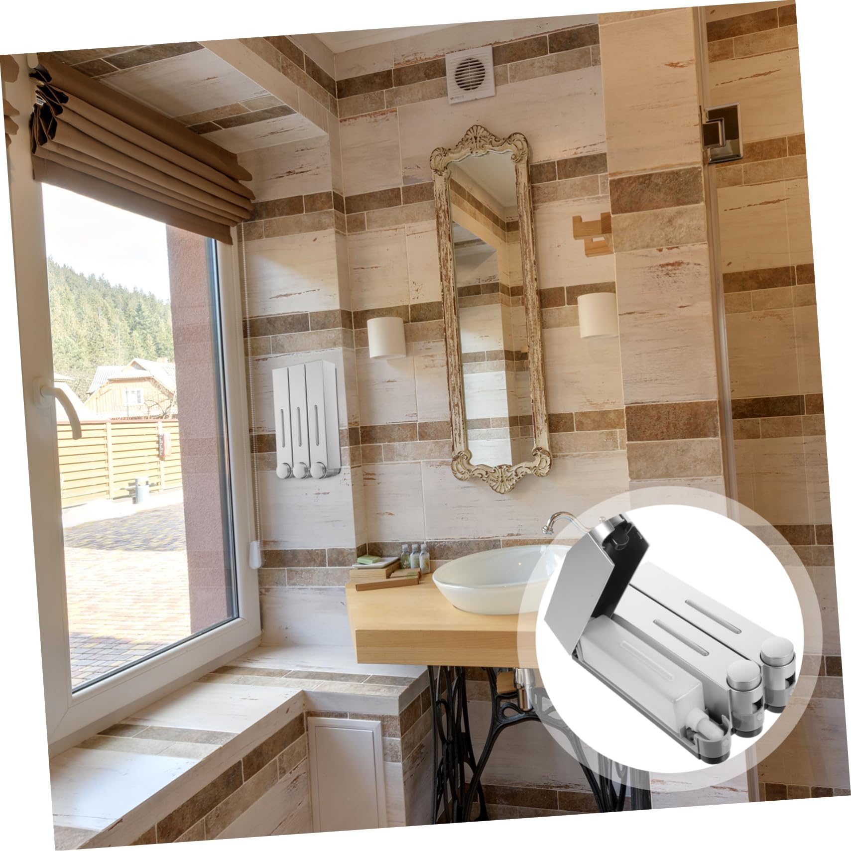 DECHOUS Dispenser di Sapone da Parete Manuale a 3 Camere, Design Argentato, Abs e Pvc, per Shampoo e Bagnoschiuma in Bagno e Doccia