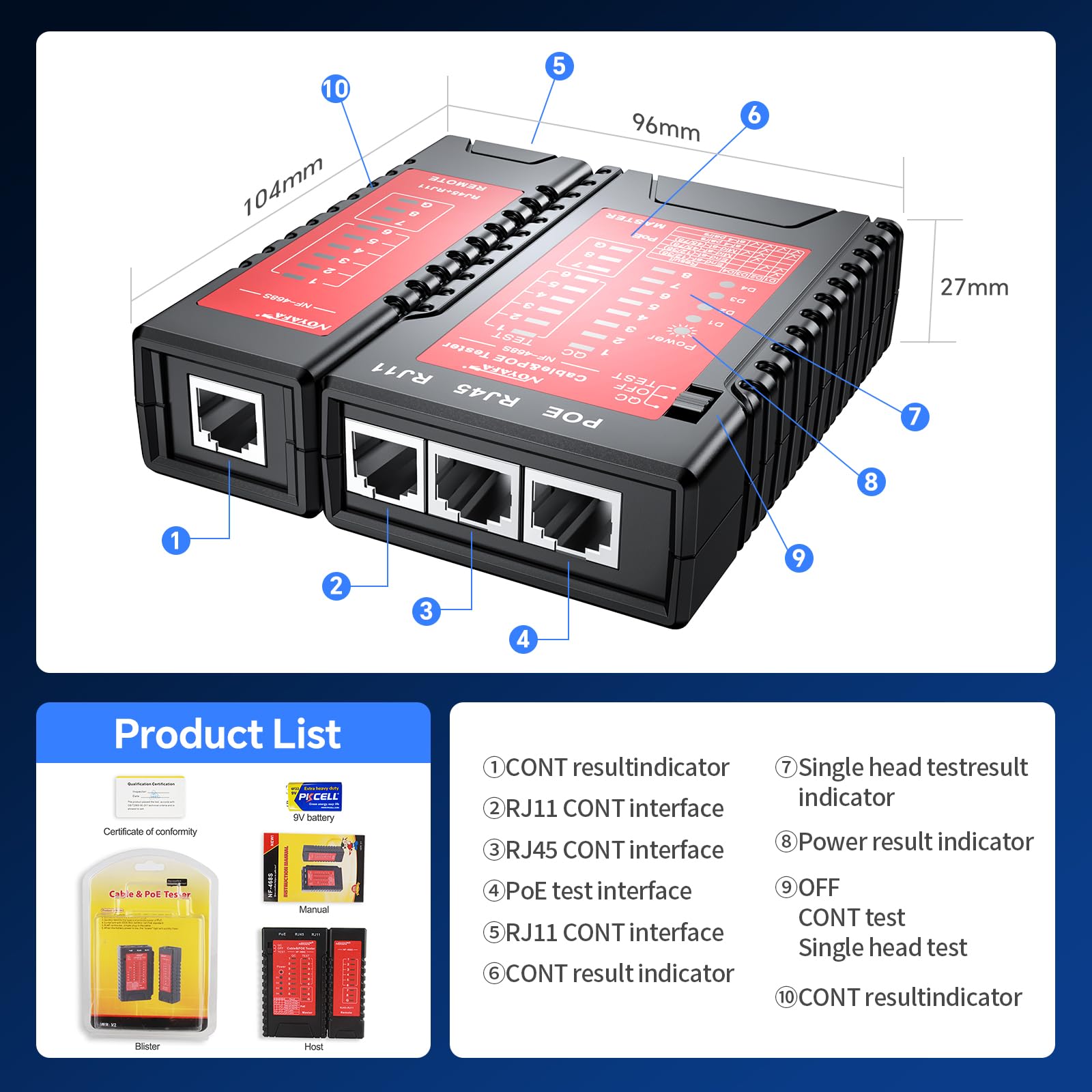 NOYAFA Testeur de câble réseau NF-468S, testeur de câble Ethernet RJ12 RJ11 RJ45 pour CAT5, CAT5E, CAT6, CAT6A, POE, testeur de continuité UTP/STP, toner, ligne téléphonique, câble CAT3, outils réseau