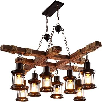 LED Chandeliers, Farmhouse Chandelier Wood Hanging Antique Pendant Light V-intage Ceiling Light Fixtures 8 Light Compatible with Pool Table Kitchen Island Bar Bedroom Dining Living