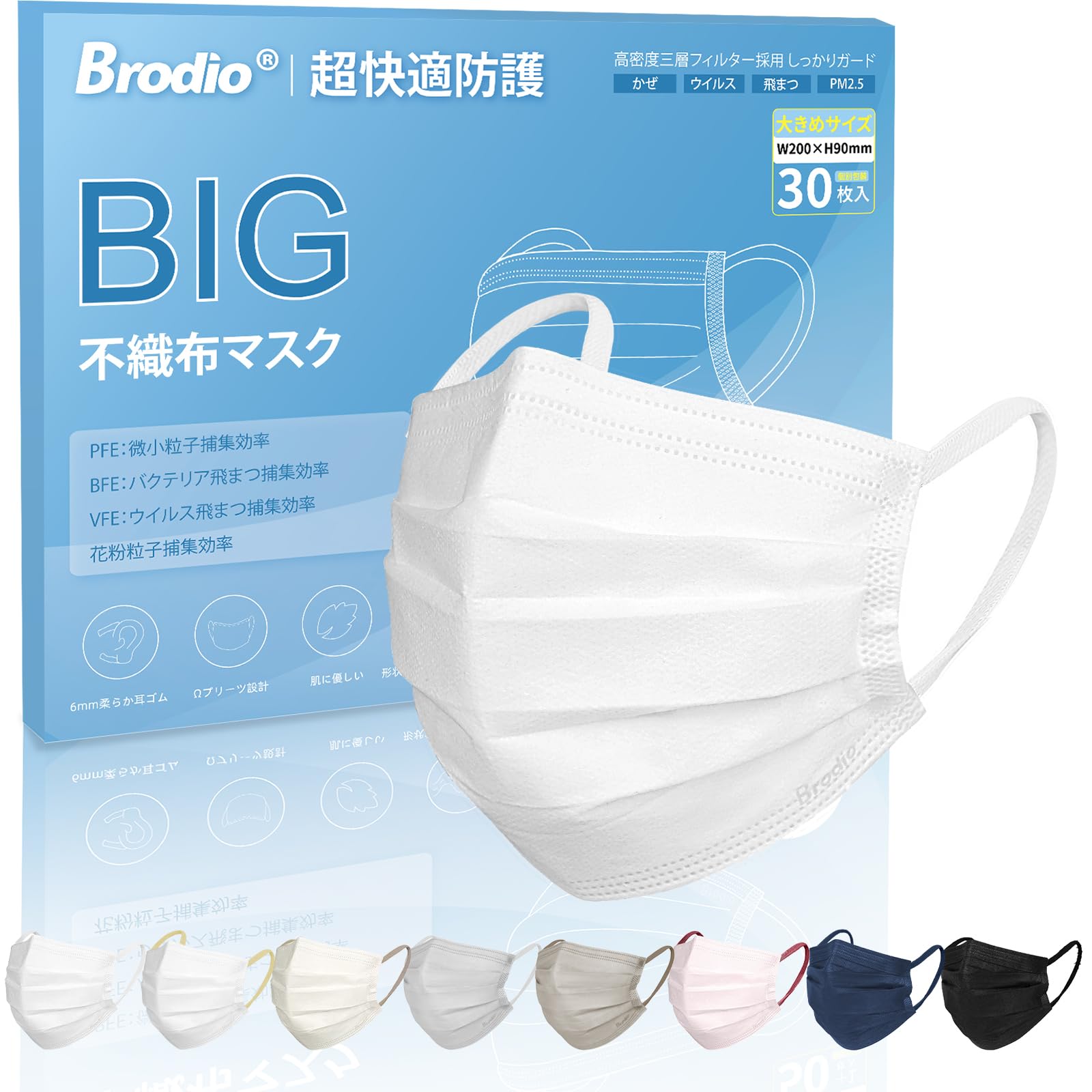 [Brodio] マスク 大きめ メンズ 個包装 不職布マスク カラー「プリーツ…