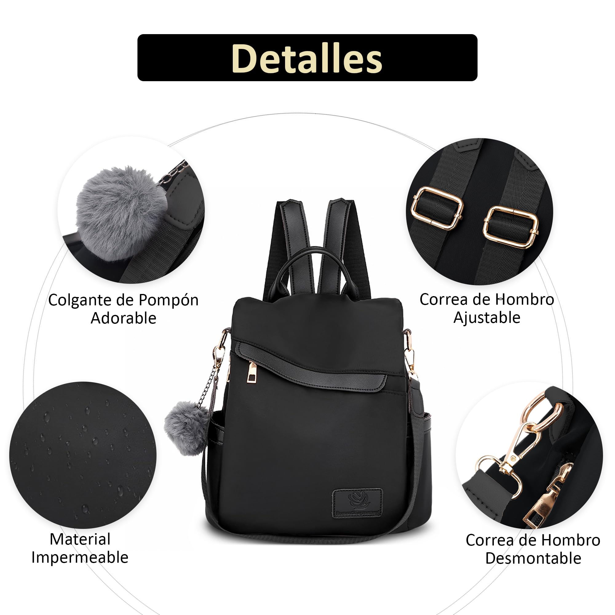 Mochila Mujer Casual Mochila Antirrobo Mujer Bolso Mochila Pequeña Mujer Bolso de Mano Bandoleras Señoras Elegante Bolsos 3 en 1 Impermeable PU Cuero Negro A