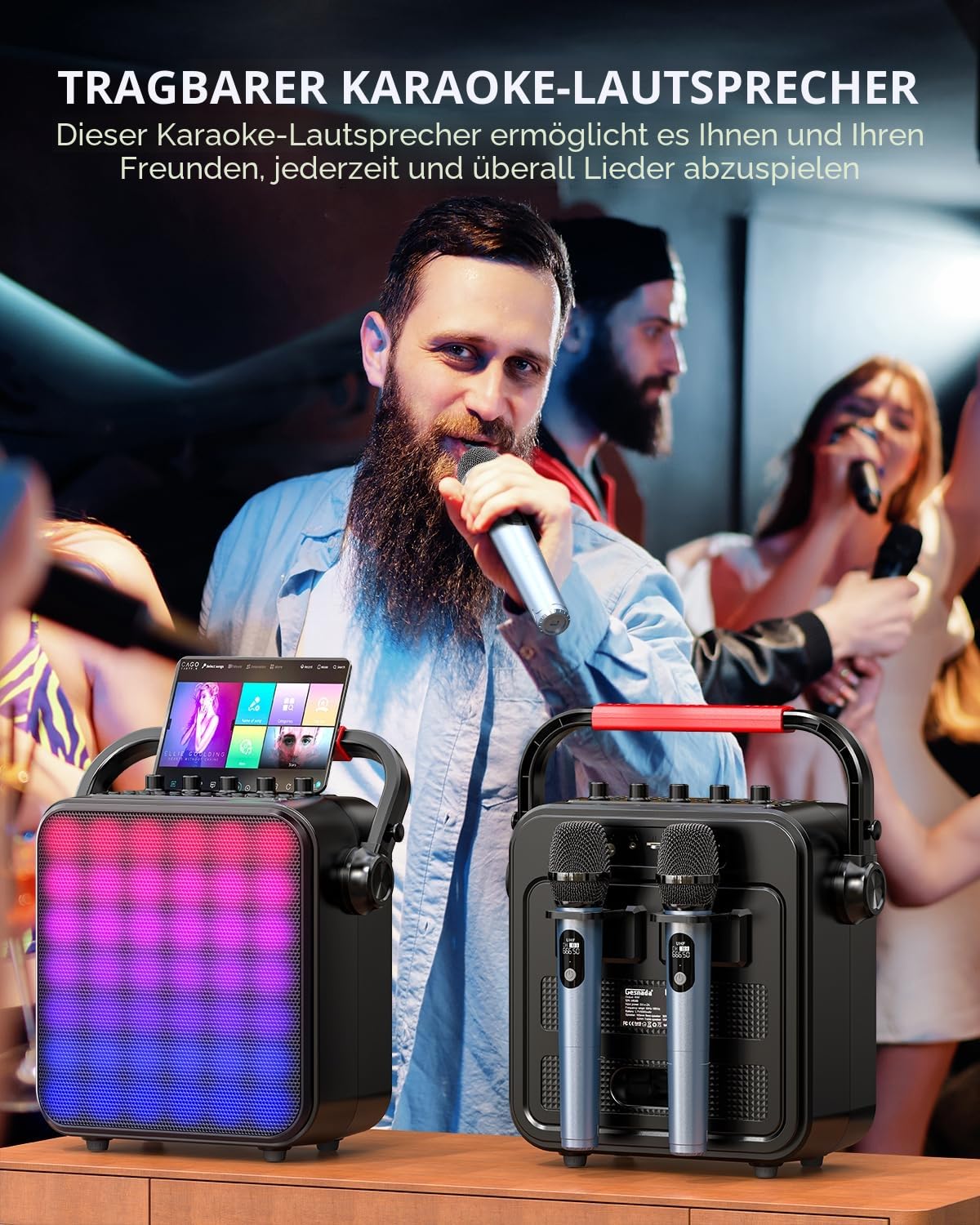 Karaoke Maschine,Karaoke anlage Box mit 2 mikrofonen,Bluetooth Lautsprecher,PA System mit Karaoke-Modus/Bass- und Höhenregelung/Mikrofon-Vorrang/Rec/EQ/FM/Echo/TWS,Supporta USB/TF/AUX