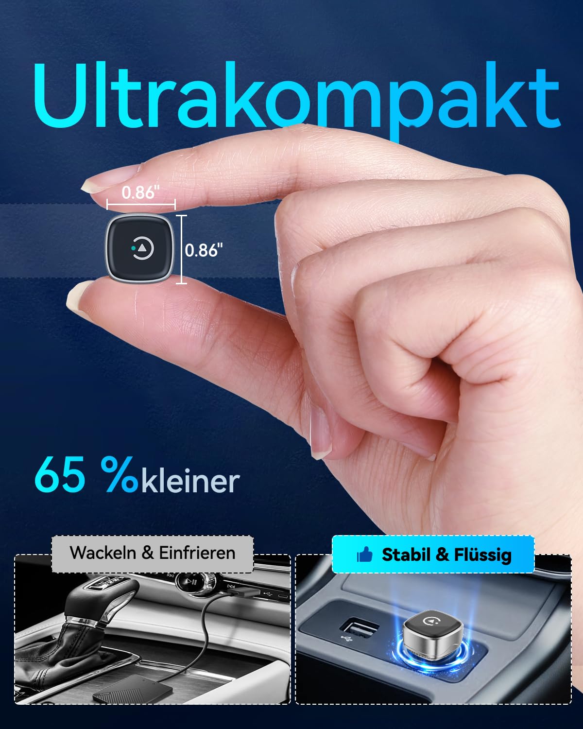Mini Wireless CarPlay & Android Auto Adapter 2026, WLAN 6 Kabellos Car Play Adapter, Stabil & Flüssig, 3-5s Auto‑Verbindung, überhitzungsfrei, USB‑C/A, für iOS 10+ & Android 10+ (Silber)
