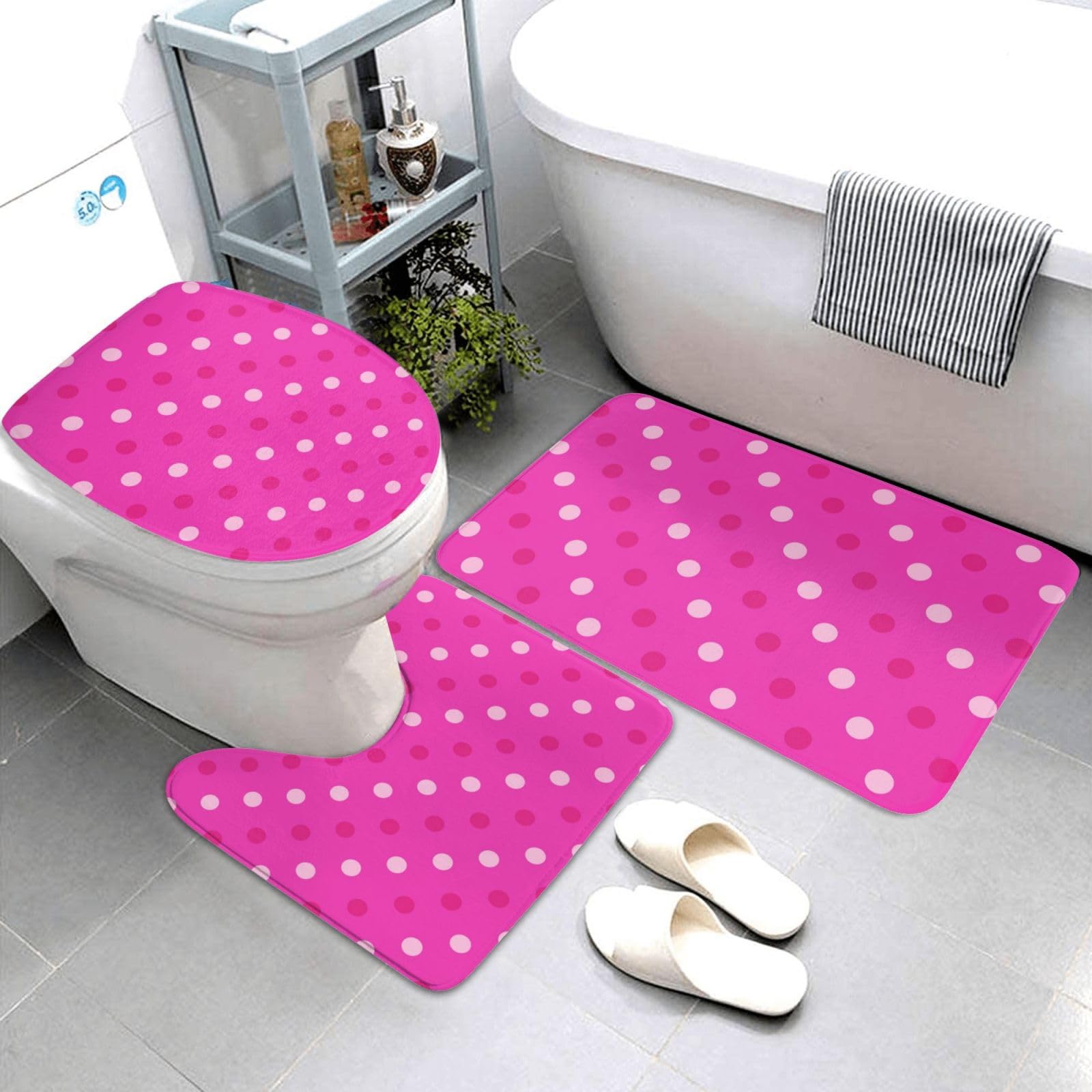 Lot de tapis de salle de bain lavable rose vif avec contour wc et baignoire