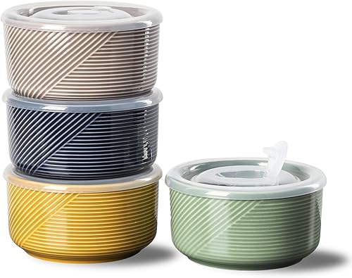 Cuencos de cerámica con tapas recipientes de almacenamiento de alimentos aptos para microondas de 20 onzas para sopa, ensalada, cereales, sobras,