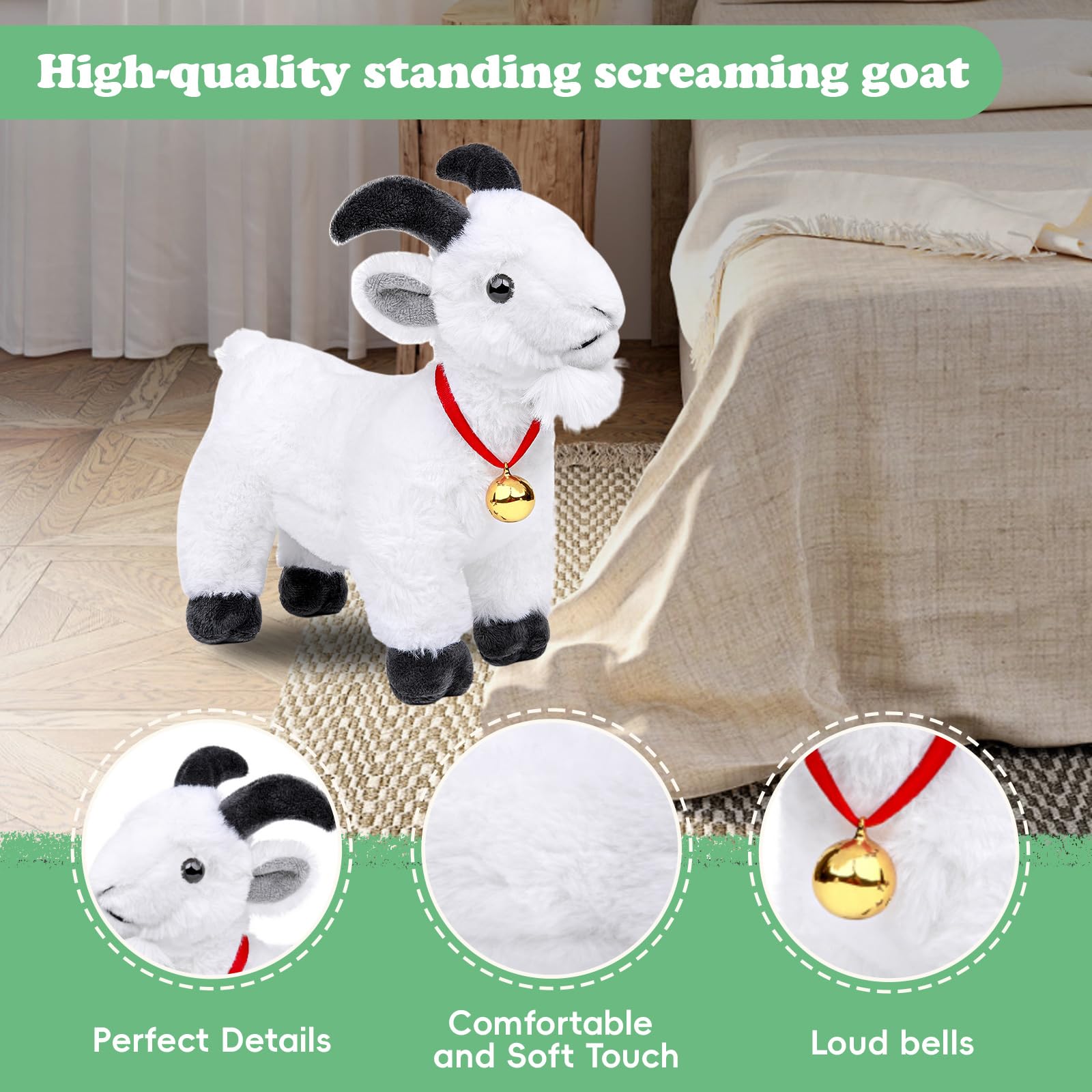 RLOMUTE 11.8" Standing White Goat with Bell Toy Stuffed Animal Cute Soft Makes Funny Screaming Goat Sounds Stress Relief Funny Gag Gift for Friends Coworkers (White Standing) - Image 2