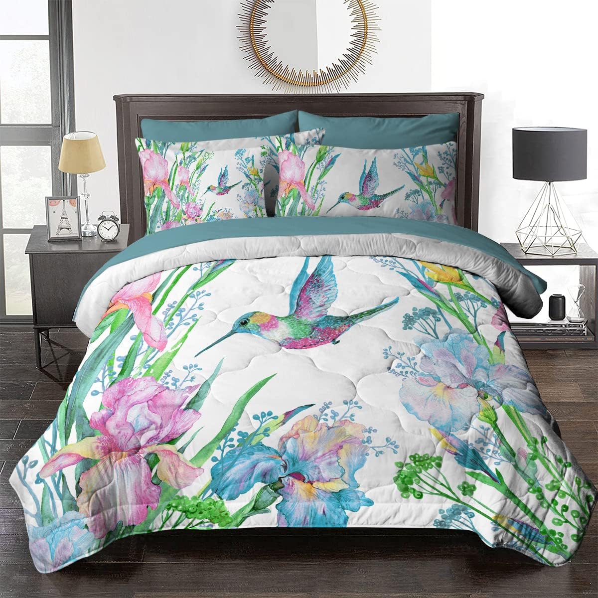 BlessLiving Tropical Bird Comforter Set Green Blue 8 Piece Watercolor Hummingbird Flower Bedding Twin Bed-in-A-Bag 1 Comforter, 2 Shams, 1 Flat Sheet, 1 Fitted Sheet, 1 Cushion Cover, 2 Pillowcases