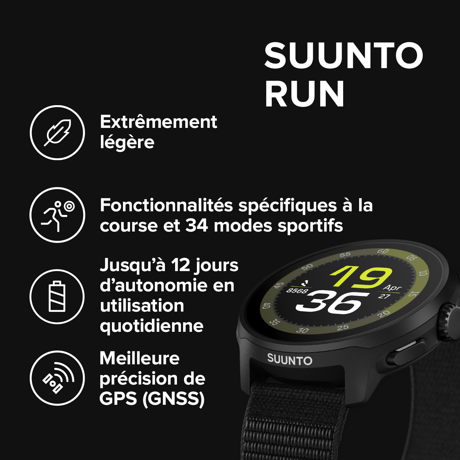 SUUNTO Run Montre de Running Femme Homme, 1,32" Écran Tactile AMOLED, Multisports, Tracker d'Activités, GPS Bi-Band, Suivi Fréquence Cardiaque/Sommeil, Course à Pied, 12 Jours d'Autonomie, Musique