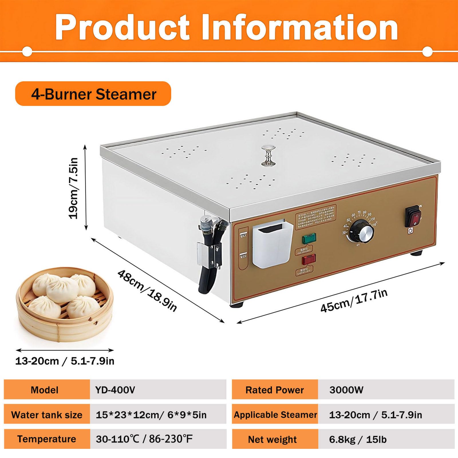 Vaporiera per Dim Sum a 4 Fori, Scaldavivande Elettrico a Vapore con Allarme Anti-Bollitura a Secco/Mancanza d’Acqua, Temperatura Regolabile 30-110°C, per Pasticcerie e Negozi di Colazioni