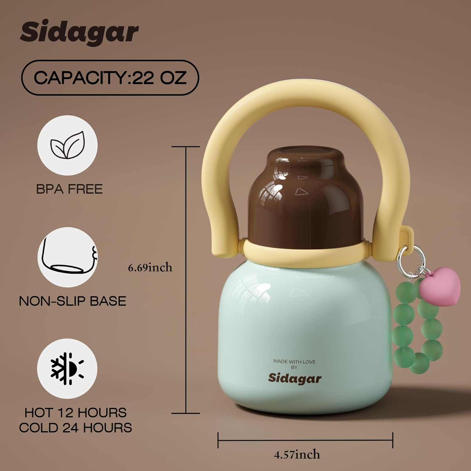 22 oz Water Bottle with Straw and Bowl, Wide Mouth Insulated Stainless Steel Tumbler;24H Ice Cold Leak-Proof Cup for Women Picnic & Hiking; Heart Bracelet Charm, Ideal Gift Choice, Gem Blue - Image 3