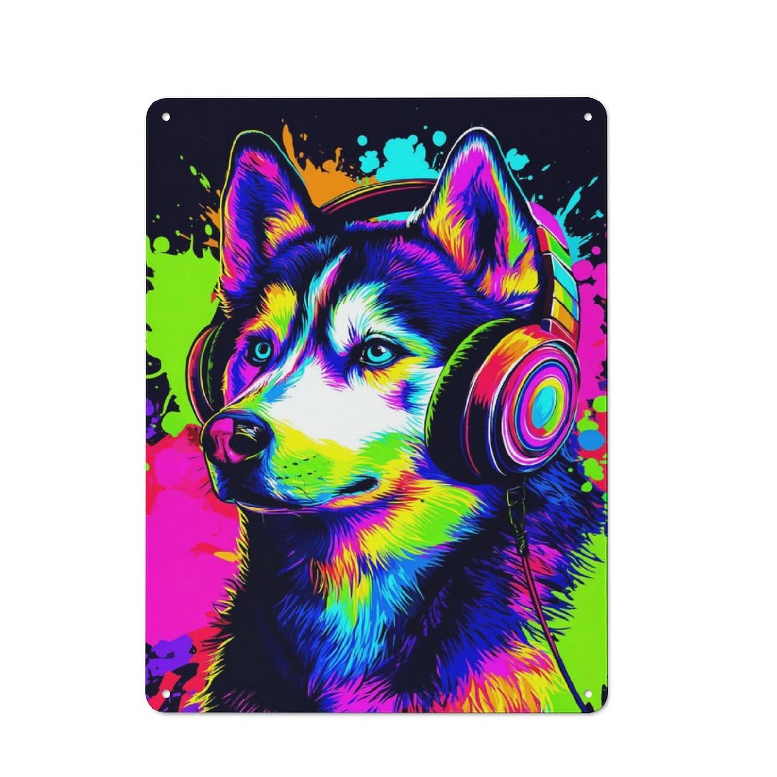 Junmoney Colorful Husky With Headphones Rustic Tin Wall Plaque 40X30cm Featuring For Pub Or Café, A Decorative Christmas Gift For Café Interior Fans