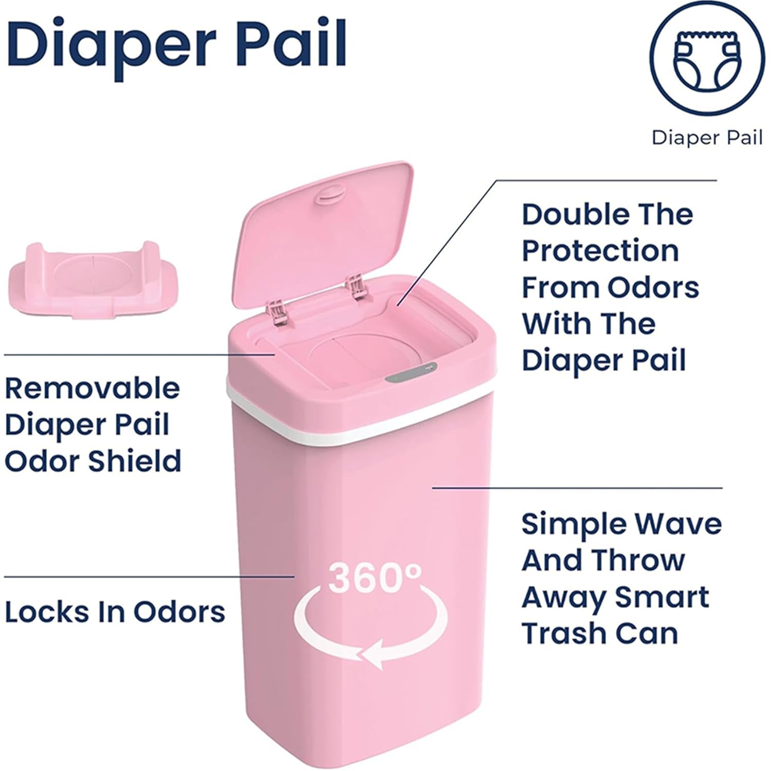 Touchless Motion Sensor Diaper Pail Trash Can Odor Locking Bin for Bathroom Bedroom with Double Layer Sealed Inner Lid Wave Induction One Button Smart Control Low Noise for Home Pet Waste (Pink)