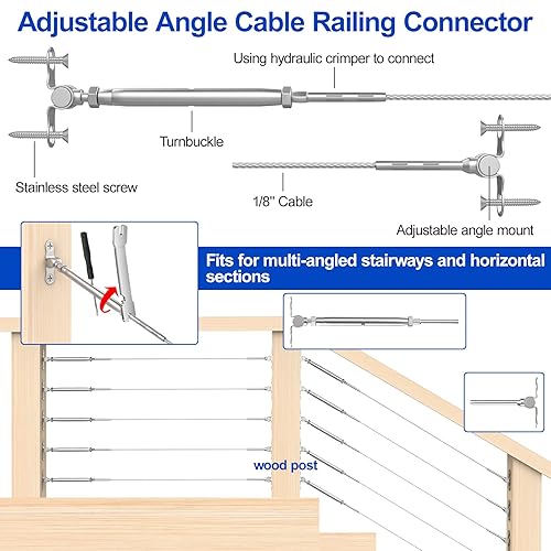 Miniatura 5 de RailinGo 30 pares de herrajes para barandillas de cable de 18 pulgadas, sistema de barandilla de cable de cubierta de escaleras de ángulo ajustable