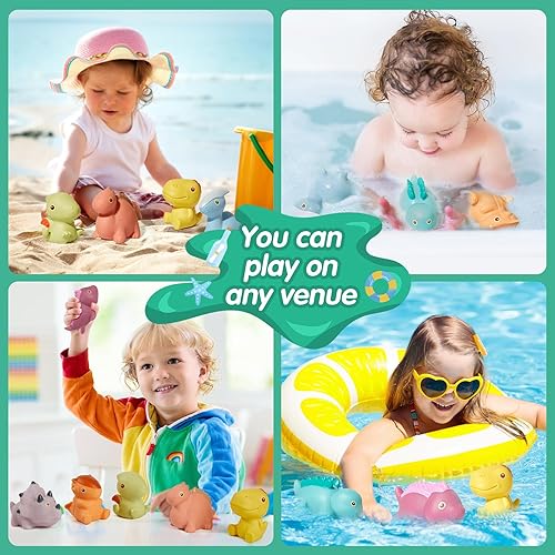 Miniatura 9 de Juguetes de baño, paquete de 9 dinosaurios  Diseño de juguetes de baño sellados, sin agujeros y sin moho  Suave, exprimible y flotante en el agua