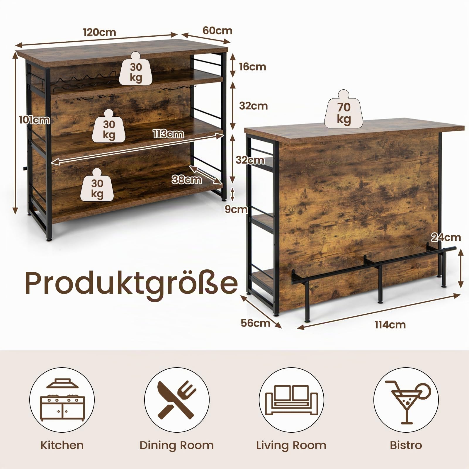 GIANTEX Hausbar Theke Bar, Barschrank mit 4 offenen Ablagen, Bartisch Küchen Tresentisch mit Weinregal & Gläserhalter, Küchenregal Küchentheke 120 x 60 x 101 cm, Küchenbar Küchentresen