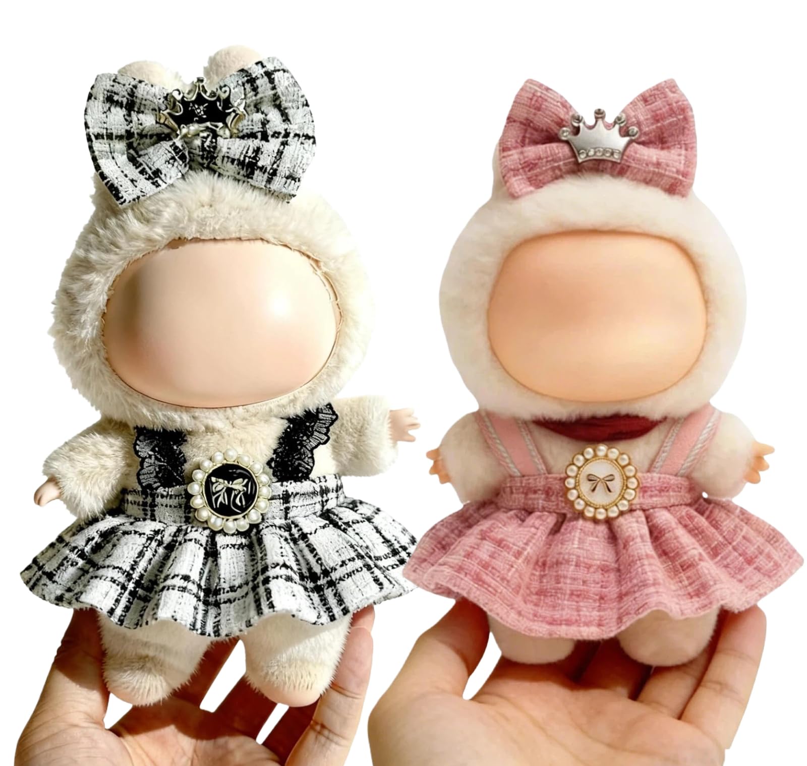 (2 Pack) 17cm Doll Clothes Set, Black Plaid Outfit & Hot Pink Plaid Dress, Stylish Dress and Hairpin Set, Fashion and Premium Dolls Accessories