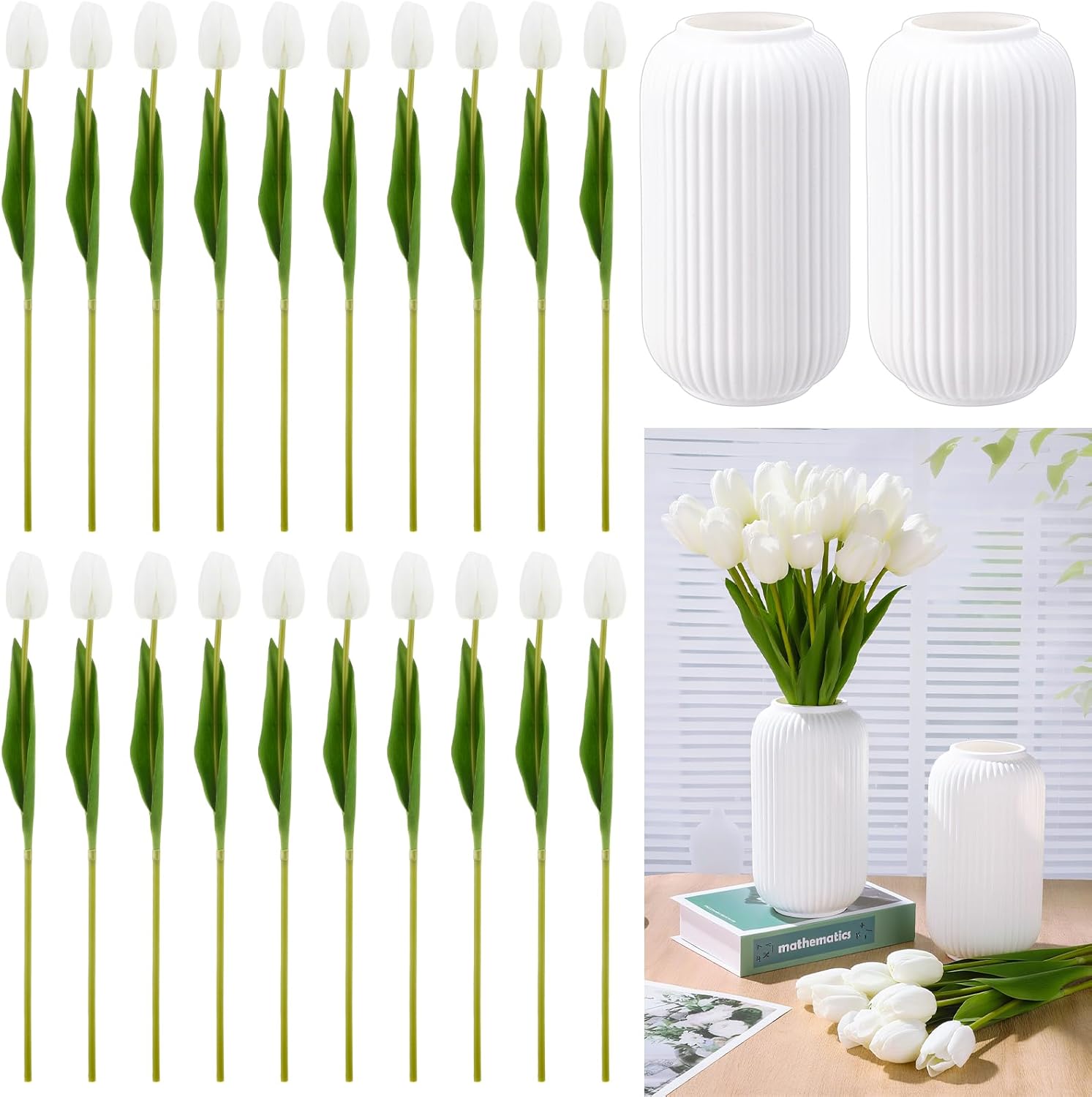 2 Pack 8.66 Inch White Imitation Ceramic Vase for Flower and 20 Pcs Artificial Tulips Modern Small Ribbed Textured White Flower Vase for Home Decor Decorative Bookshelf Table Centerpiece