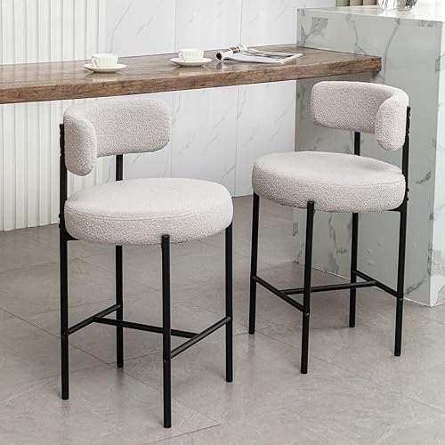 Vista 26 de Gold Boucle - Juego de 3 taburetes de bar modernos de 26 pulgadas con respaldo, taburetes de bar tapizados blancos para isla de cocina, pub, café