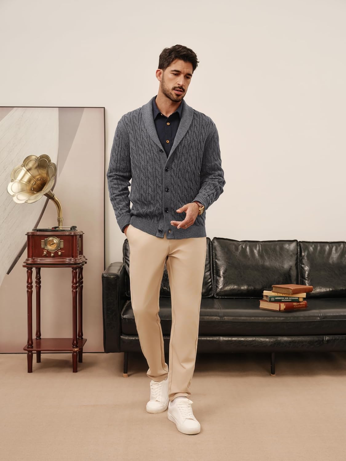 PJ PAUL JONES Mens Cardigan Sweater Cable Knit Sweaters Shawl Collar Texture Solid Cardigans - Image 2