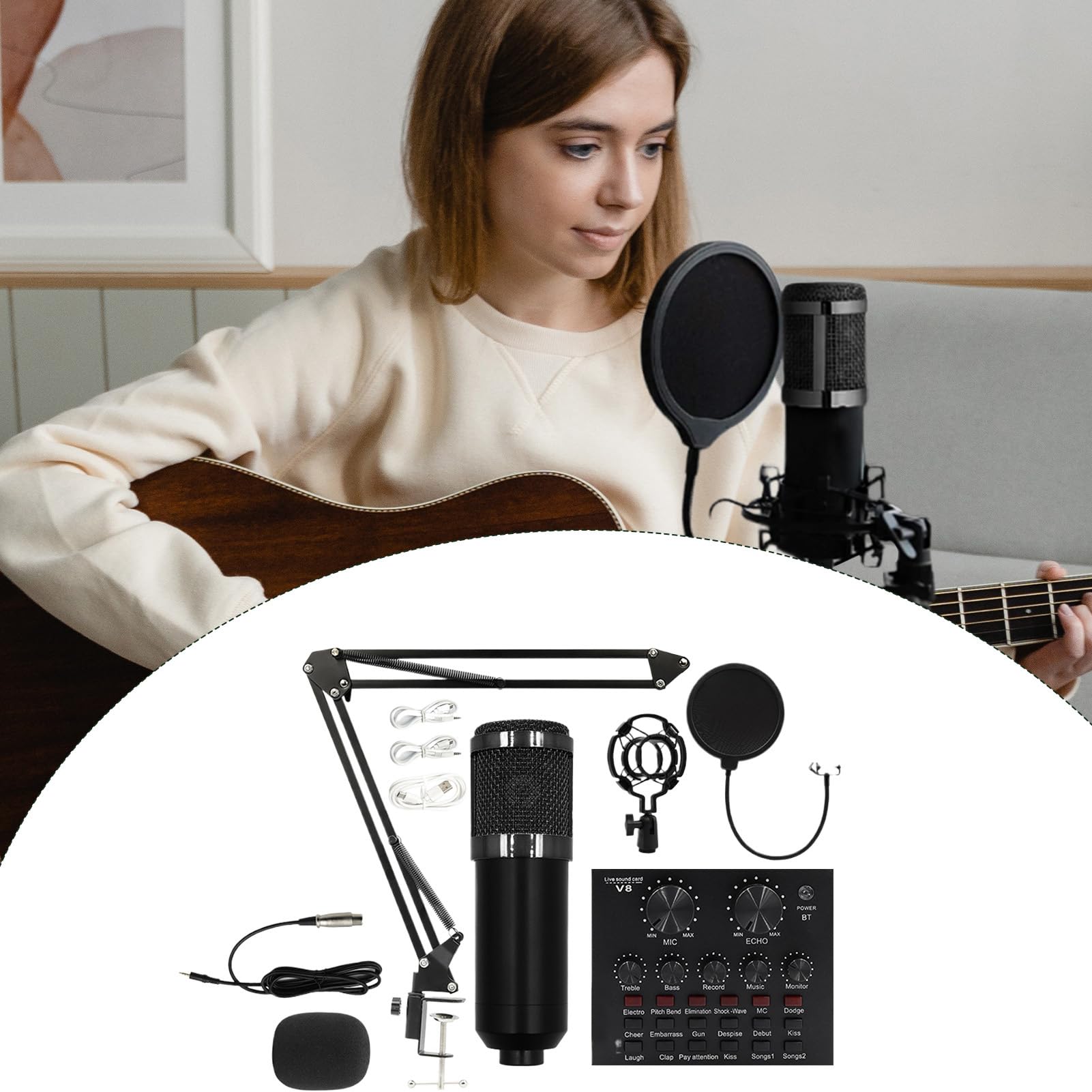 Set microfono per registrazione Set Scheda Audio Live, Set Microfono E Asta | Completo Kit Microfono Facile Per Streaming, Da Studio Di Registrazione Per Live