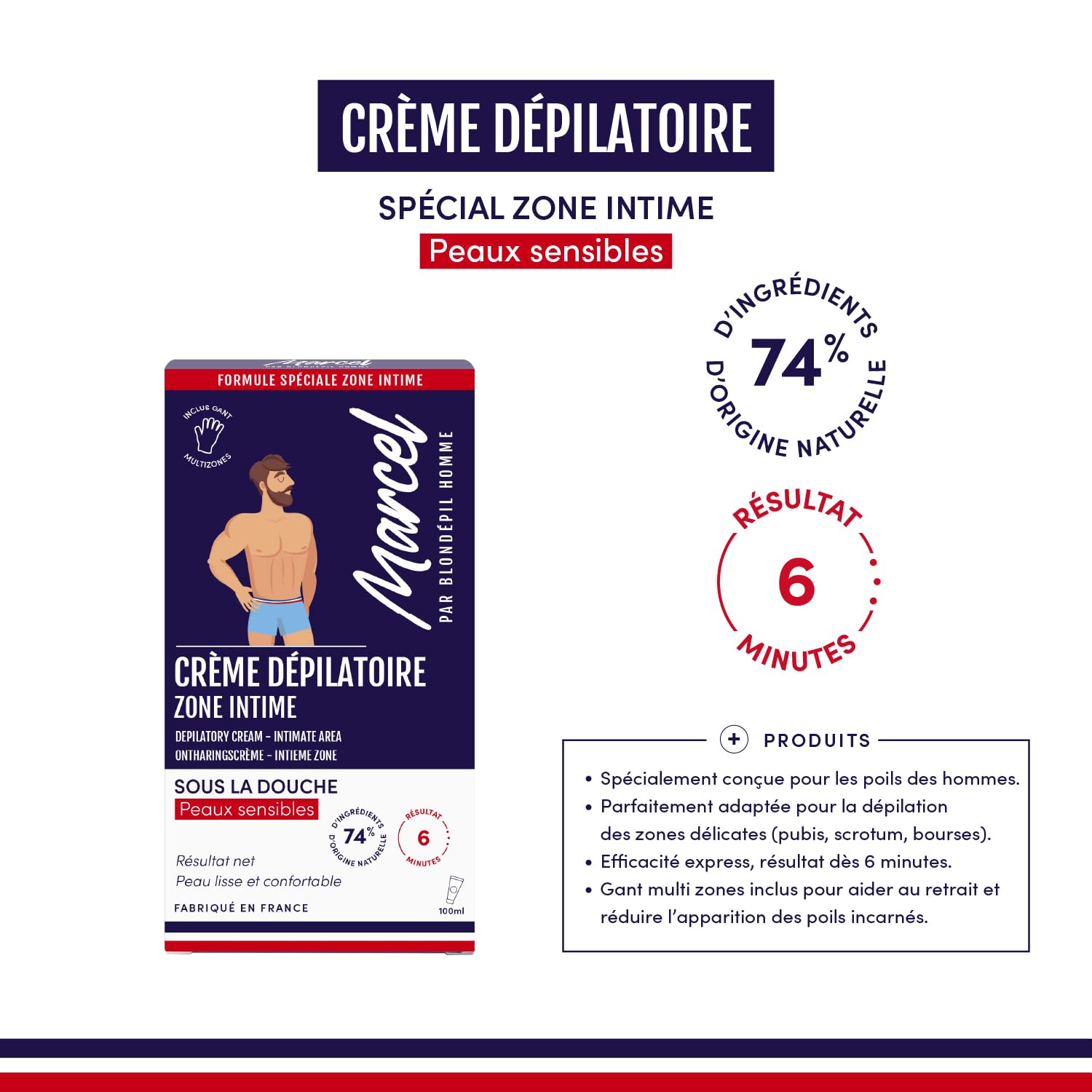 Marcel par Blondépil Homme - Lot de 5 (dont 1 offerte) - Creme depilatoire homme sous la douche, Zone Intime, Rapide et Efficace, Adaptée à tous les types de peaux, Made in France