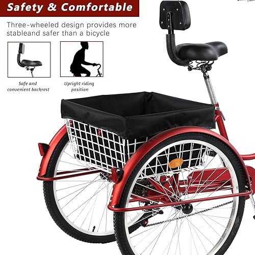 Vista 19 de Triciclo para adultos de 26 pulgadas, bicicleta de 7 velocidades y 3 ruedas para mujeres, hombres y personas mayores, triciclo de crucero con cesta