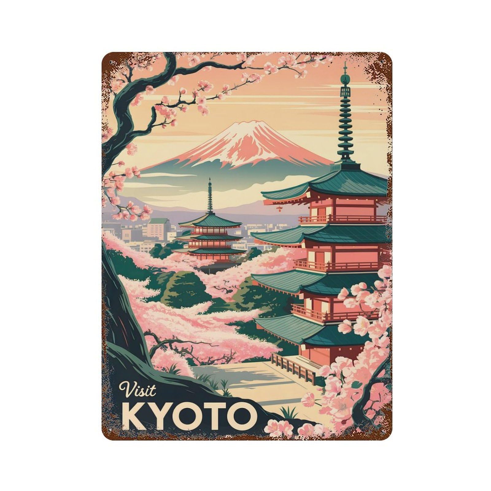 Retro Metal Sign Visit Kyoto Japanese Landscape 15.7"x11.8", Retro Wall Decor for Living Room, Hallway And Home Decor