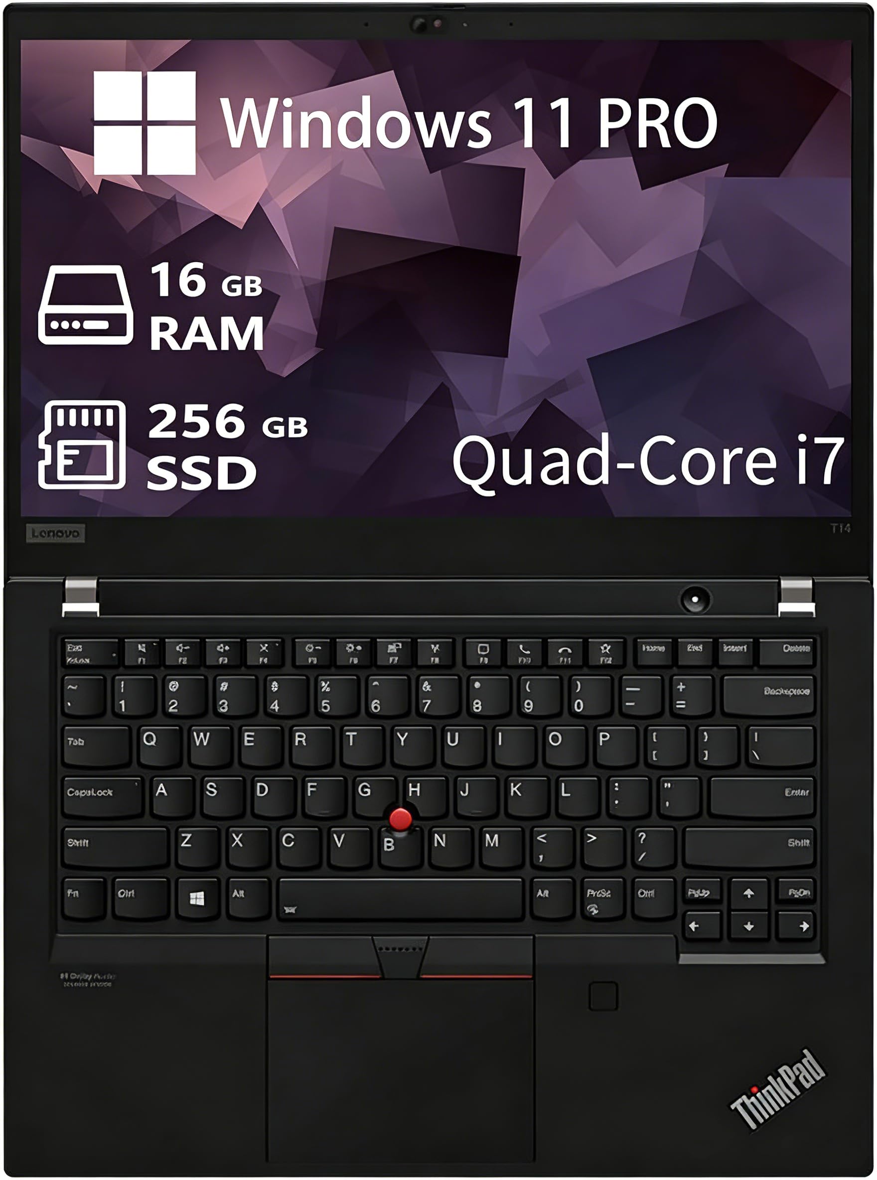 Lenovo ThinkPad T14 Gen 2 Ordenador portátil, Intel Core i7-1165G7, 14" FHD (1920 x 1080), 16 GB de RAM, SSD de 256 GB, teclado QWERTY americano, Webcam, Windows 11 Pro (Reacondicionado)