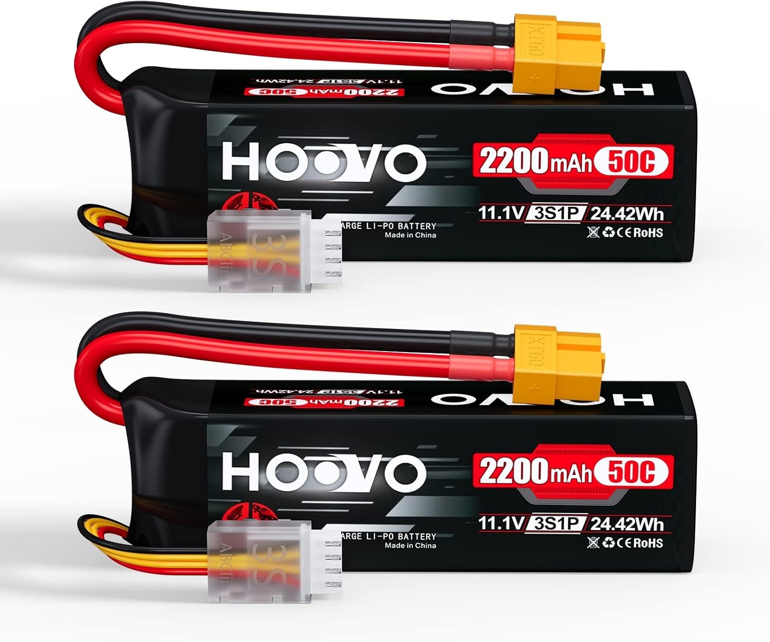 HOOVO 3S 11.1V 2200mAh 50C Lipo Battery with XT60 Connector for RC Helicopter Airplane Quadcopter UAV Drone FPV (2 Pack)