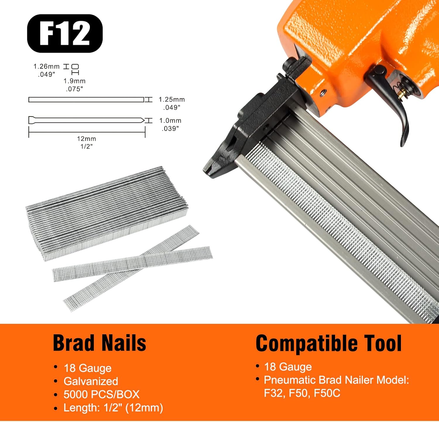 KAMSIN 18 Gauge Brad Nails, 1/2-Inch Length Galvanized Finish Chisel Point Collated Brad Nails (5000 per Box) - - 