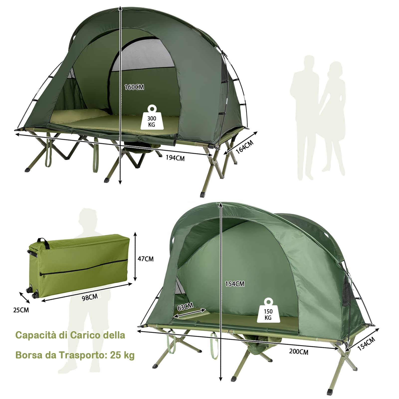 COSTWAY 4 in 1 Tenda da Campeggio Rialzata per 2 Persone, Letto Brandina da Campeggio Pieghevole con Materasso Gonfiabile Automatico, Tenda a Doppio Strato Impermeabile e Antivento con Borsa