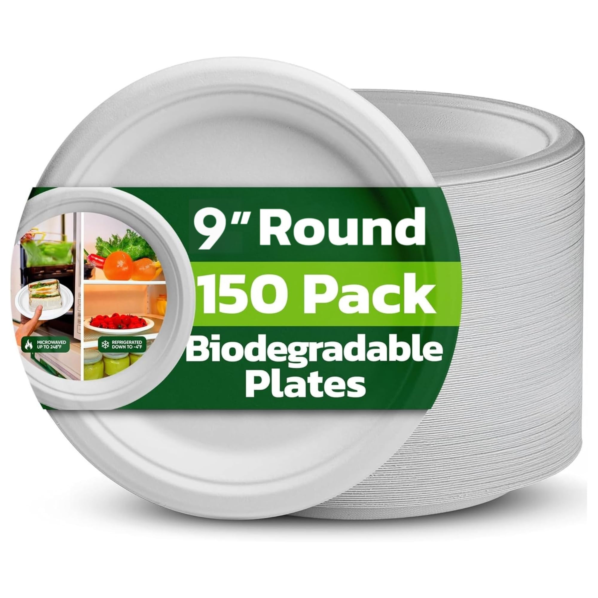 Strong Paper Plates (9 Inch - 150 Pack) 100% Compostable Disposable Bagasse Plates - Heavy Duty Eco-Friendly Biodegradable Sugarcane Plate for Parties – Microwave & Freezer Safe