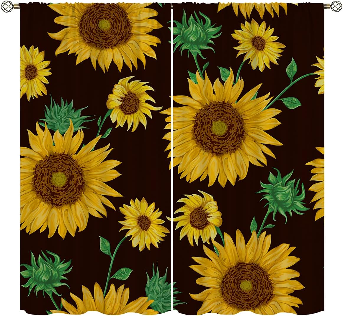 Sunflower Blackout Curtains for Home Decor,Floral Seamless Pattern Sunflowers Rod Pocket Thermal Insulated Drapes Darkening Window Curtain for Girls Boy Bedroom Living Room 72 x 63 Inch